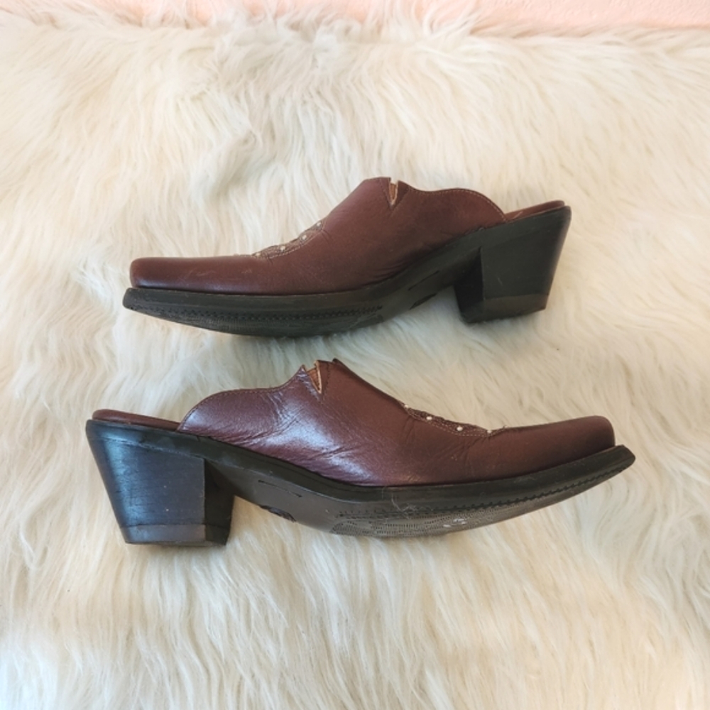 Ariat Brown Leather Block Heel Point Toe Wedge Slip On Mule Shoes - Picture 5 of 10